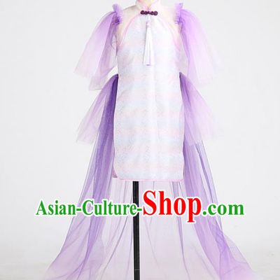 High Girl Chorus Clothing Children Performance Purple Dress Catwalks Garment Costume Stage Show Full Dress