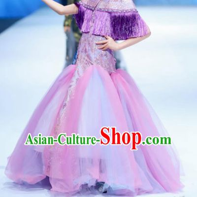 High Children Compere Violet Dress Catwalks Garment Costume Stage Show Full Dress Girl Chorus Clothing