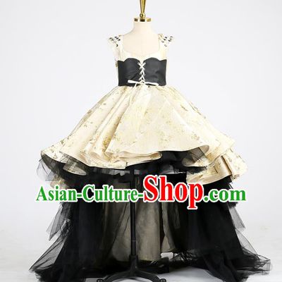High Children Compere Garments Chorus Formal Costume Stage Show Golden Full Dress Girl Model Catwalks Clothing