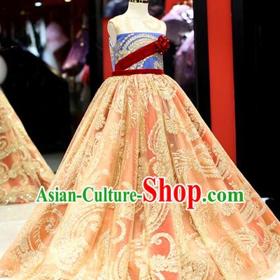 High Girl Catwalks Fashion Children Chorus Performance Golden Dress Baroque Compere Clothing Stage Show Princess Full Dress