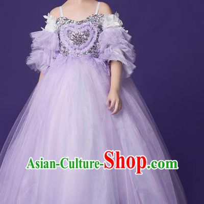 High Piano Performance Clothing Stage Show Full Dress Girl Catwalks Fashion Children Compere Purple Veil Dress