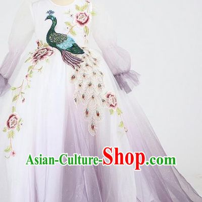 High Stage Show Embroidered Peacock Full Dress Girl Catwalks Clothing Children Compere Garments Compere Formal Costume