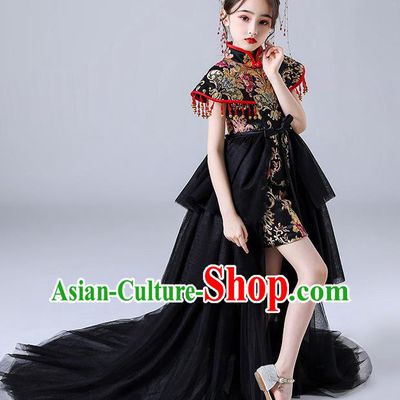China Girl Catwalks Clothing Stage Performance Garment Costume Children Embroidered Qipao Dress Black Veil Trailing Dress