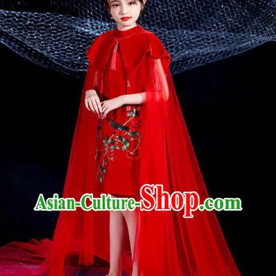 China Girl Catwalks Clothing Stage Performance Garment Costume Children Dance Wear Embroidered Red Dress