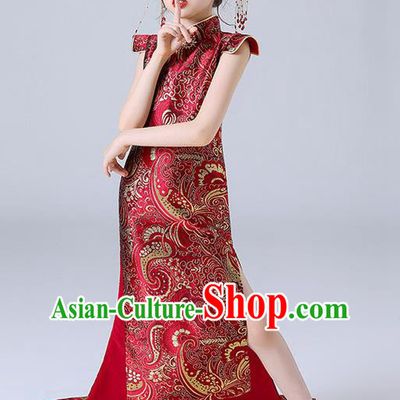 China Children Classical Dance Qipao Dress Compere Trailing Red Dress Girl Catwalks Clothing Stage Performance Garment Costume