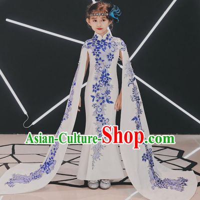 China Children Classical Dance Embroidered Qipao Dress Compere Trailing Dress Girl Catwalks Clothing Stage Performance Garment Costume
