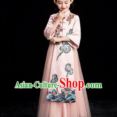 China Girl Catwalks Pink Formal Dress Stage Performance Clothing Children Classical Xiuhe Suits Compere Garment Costume