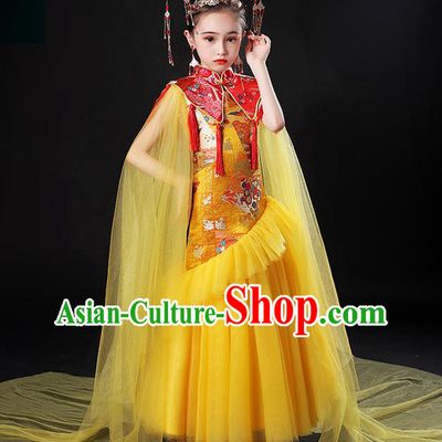 China Compere Garment Costume Girl Catwalks Yellow Formal Dress Stage Performance Clothing Children Classical Uniforms
