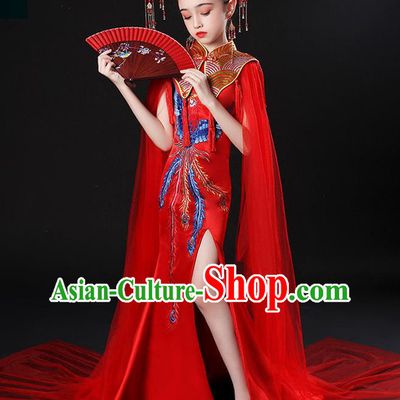 China Children Classical Red Embroidered Phoenix Uniforms Compere Garment Costume Girl Catwalks Formal Dress Stage Performance Clothing