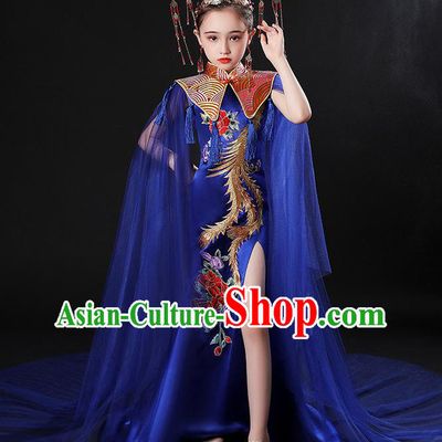 China Stage Performance Clothing Children Classical Embroidered Phoenix Royalblue Uniforms Compere Garment Costume Girl Catwalks Formal Dress