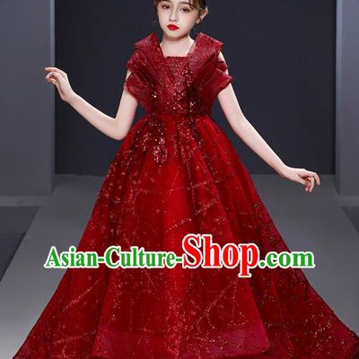 Custom Children Birthday Garment Compere Fashion Clothing Girl Stage Show Red Trailing Dress Catwalks Full Dress