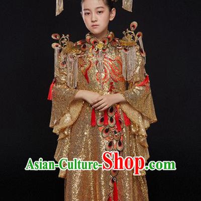 China Girl Catwalks Fashion Children Performance Clothing Classical Dance Golden Trailing Dress Uniforms Compere Garment Costumes