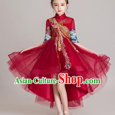 Custom Girl Compere Fashion Clothing Stage Show Embroidered Phoenix Dress Catwalks Princess Wine Red Full Dress Children Dancewear