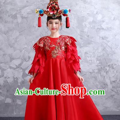 China Classical Dance Red Feather Dress Compere Garment Costumes Girl Catwalks Fashion Children Performance Clothing and Headdress