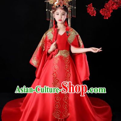 China Children Performance Clothing Classical Dance Red Trailing Dress Compere Garment Costumes Girl Catwalks Fashion