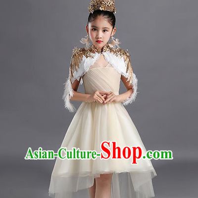 Custom Children Performance Fashion Garment Compere Competition Clothing Girl Stage Show Dress Catwalks Beige Veil Full Dress