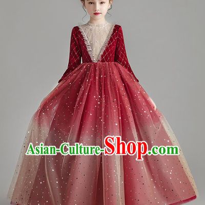 Custom Stage Show Wine Red Velvet Dress Catwalks Full Dress Children Birthday Garment Girl Compere Fashion Clothing
