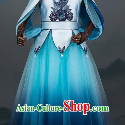 Custom Girl Catwalks Blue Full Dress Children Day Performance Fashion Garment Baby Compere Clothing Stage Show Dress