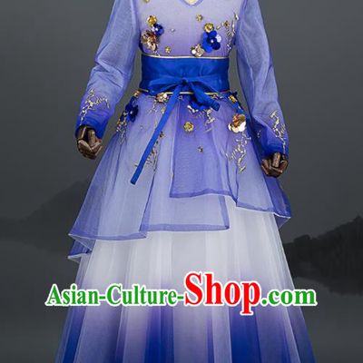 Custom Girl Catwalks Full Dress Children Day Performance Fashion Garment Baby Princess Clothing Stage Show Blue Dress