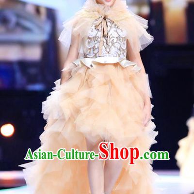 Custom Girl Champagne Full Dress Flowers Fairy Clothing Kid Stage Performance Trailing Veil Dress Children Catwalks Garment