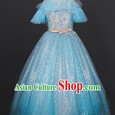 Custom Girl Princess Blue Full Dress Modern Dance Clothing Kid Christmas Performance Dress Children Compere Garment