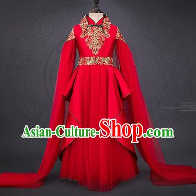 China Children Tang Suits Catwalks Red Dress Stage Performance Clothing Girl Classical Dance Garment Costume