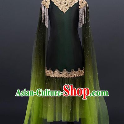 Professional Stage Show Green Full Dress Modern Dance Clothing Girl Princess Garment Children Catwalks Fashion Costume