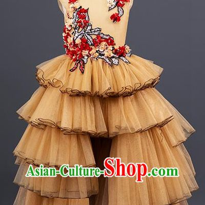 Professional Girl Princess Garment Children Catwalks Fashion Costume Stage Show Yellow Veil Full Dress Modern Dance Clothing