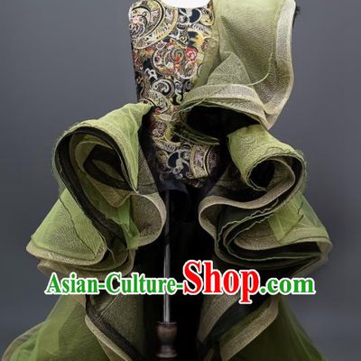 Professional Children Catwalks Fashion Costume Stage Show Green Full Dress Modern Dance Clothing Girl Compere Garment