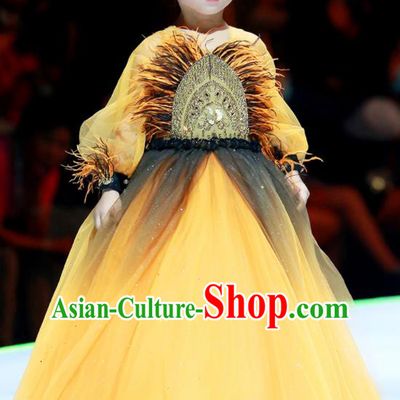 Professional Girl Princess Garment Children Catwalks Fashion Costume Stage Show Yellow Veil Full Dress Modern Dance Clothing