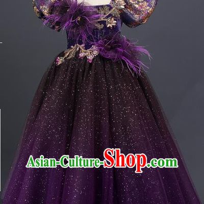 Professional Little Model Garment Children Catwalks Fashion Costume Stage Show Purple Veil Dress Girl Modern Dance Clothing