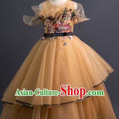 Professional Girl Modern Dance Clothing Little Model Garment Children Catwalks Fashion Costume Stage Show Yellow Veil Dress