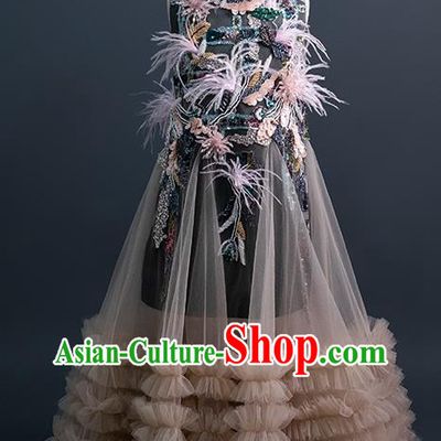 Professional Stage Show Grey Full Dress Girl Modern Dance Clothing Little Model Garment Children Catwalks Fashion Costume