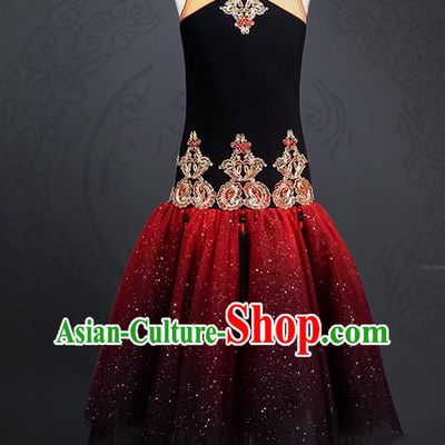 China Girl Red Veil Fishtail Dress Stage Performance Clothing Classical Dance Garment Costume Children Catwalks Fashion