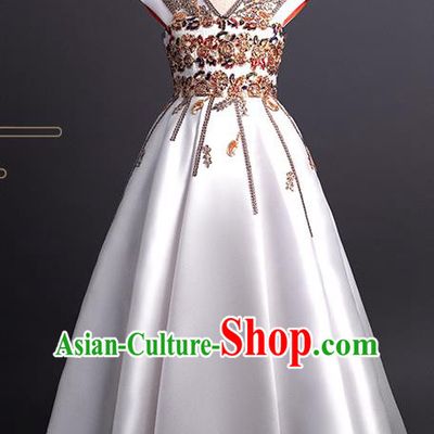 Professional Children Catwalks White Satin Full Dress Girl Piano Recital Garment Costume Stage Show Clothing Princess Fashion