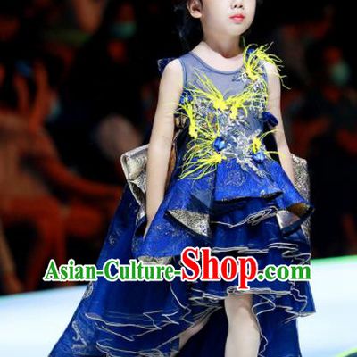 Professional Girl Compere Garment Children Catwalks Fashion Costume Stage Show Blue Trailing Full Dress Modern Dance Clothing