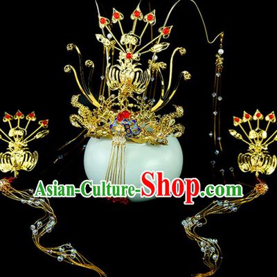 Chinese Traditional Ming Dynasty Empress Hair Accessories Ancient Court Woman Golden Phoenix Hair Crown and Hairpins