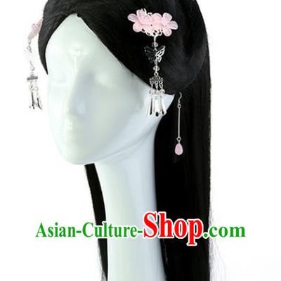 China Ancient Swordswoman Wigs Traditional Hanfu Chignon Hairpieces Jin Dynasty Palace Princess Black Long Wig Sheath