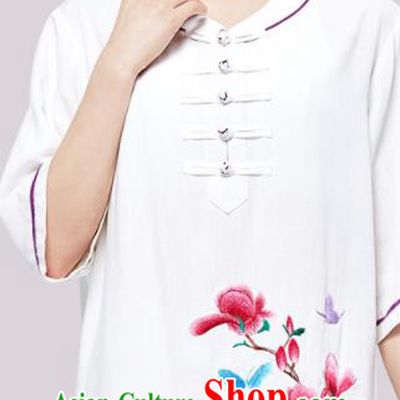 Chinese Tai Chi Clothing Kung Fu White Flax Uniforms Wushu Competition Garment Costumes Martial Arts Embroidered Mangnolia Clothing