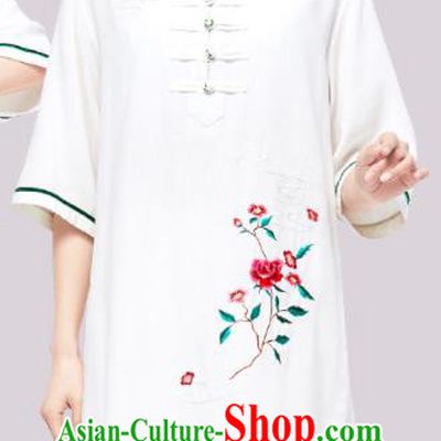 Chinese Martial Arts Embroidered Rose Clothing Tai Chi Clothing Kung Fu White Flax Uniforms Wushu Competition Garment Costumes