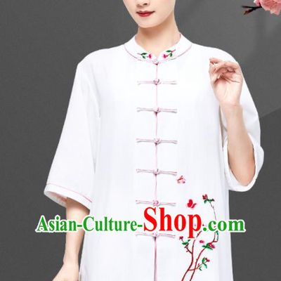 Chinese Kung Fu White Flax Uniforms Wushu Competition Garment Costumes Martial Arts Embroidered Plum Clothing Tai Chi Clothing