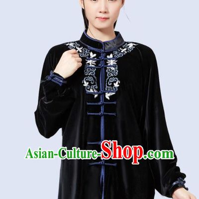China Wushu Garment Costumes Tai Chi Sword Clothing Kung Fu Embroidered Black Pleuche Uniforms Martial Arts Competition Outfits