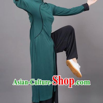 China Tai Chi Uniforms Kung Fu Gongfu Clothing Martial Arts Wushu Green Robe Outfits Tai Ji Competition Costumes