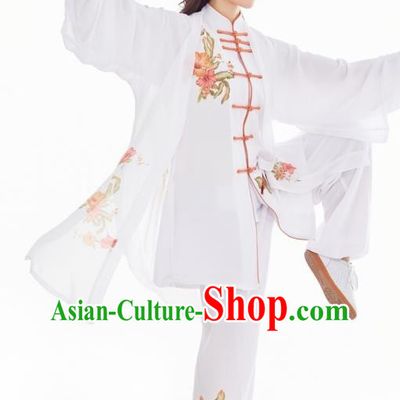 Professional Chinese Tai Chi Competition Three Pieces Suits Martial Arts Performance Clothing Kung Fu Training Painting Flowers White Uniforms
