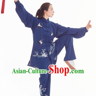 Professional Chinese Tai Chi Competition Embroidered Crane Navy Suits Taiji Sword Performance Clothing Kung Fu Training Uniforms