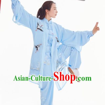 Professional Chinese Kung Fu Training Uniforms Tai Chi Competition Embroidered Crane Blue Suits Taiji Sword Performance Clothing
