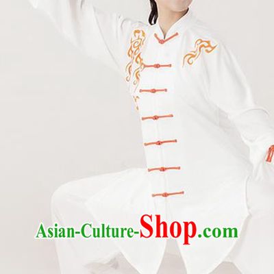 Professional Chinese Martial Arts Performance Clothing Kung Fu Training White Uniforms Tai Chi Competition Embroidered Clouds Suits