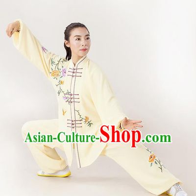 Professional Chinese Kung Fu Performance Light Yellow Uniforms Tai Chi Training Embroidered Peony Suits Martial Arts Competition Clothing