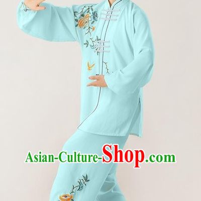 Professional Chinese Martial Arts Competition Clothing Kung Fu Performance Light Blue Uniforms Tai Chi Training Embroidered Peony Suits