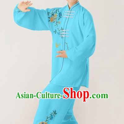 Professional Chinese Tai Chi Training Embroidered Peony Suits Martial Arts Competition Clothing Kung Fu Performance Blue Uniforms